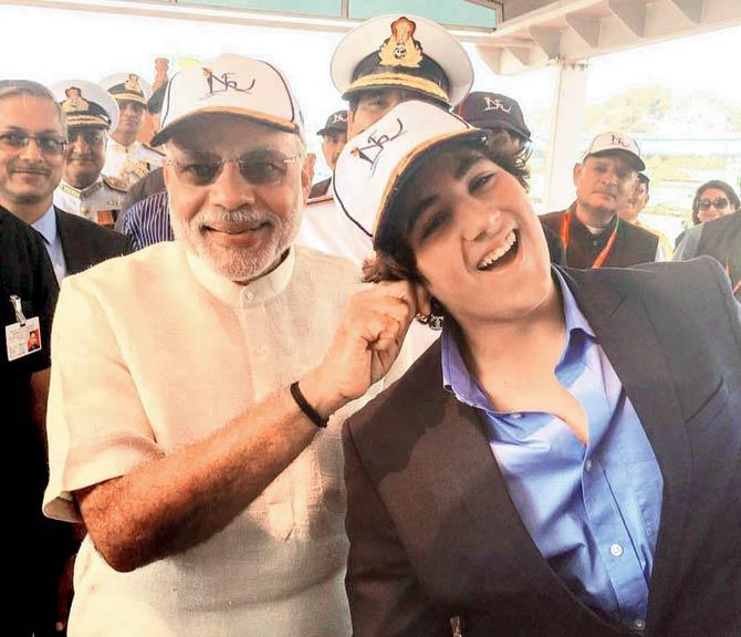 Prime Minister Narendra Modi pulls Aarav’s ear in jest