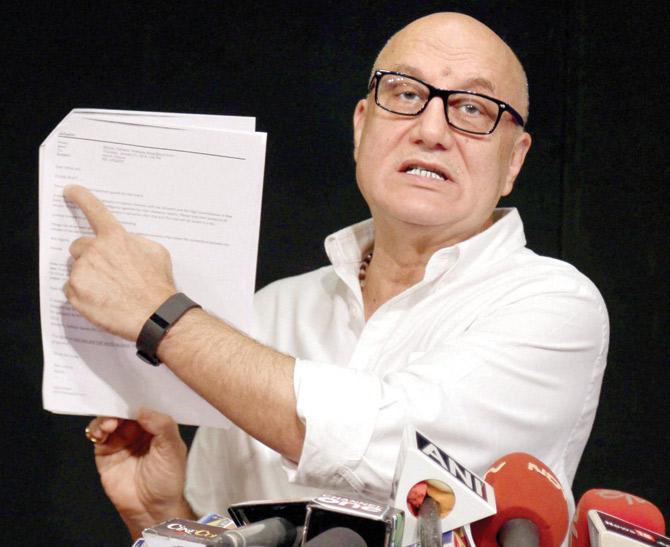 Anupam Kher addresses media persons at a press conference in Mumbai yesterday. Pic/Pti