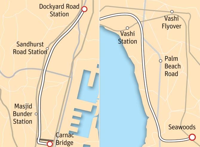 The laying of the 5th and 6th lines will affect the elevated line from Dockyard to P D’Mello Road, while a detour (right) has been planned through Palm Beach Road