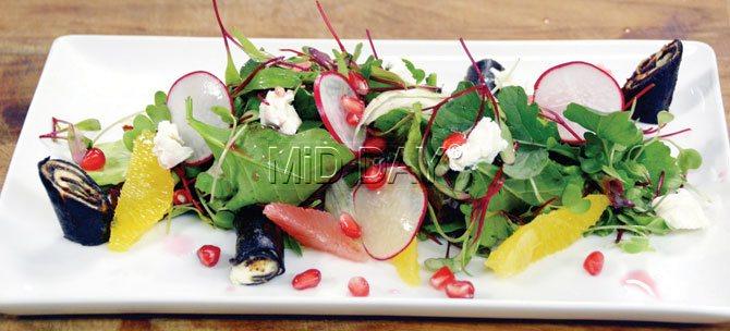 Pomegranate and goat cheese salad. Pic/Predeep Dhivar