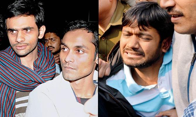 JNU students Umar Khalid (left) and Anirban Bhattacharya (right) and Kanhaiya Kumar (extreme right). Pics/PTI