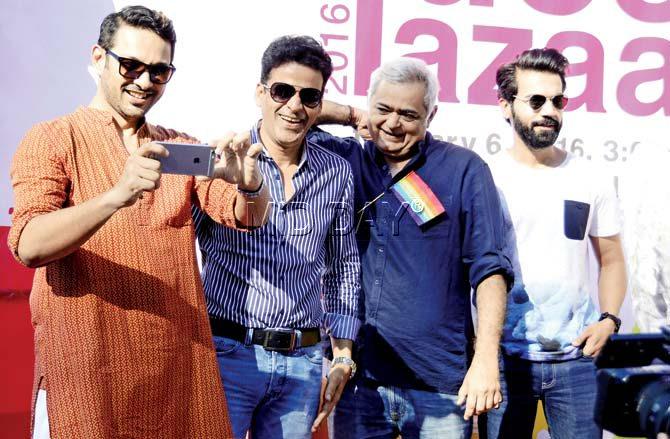 Actor Manoj Bajpai (second from left), director Hansal Mehta (second from right) and Rajkumar Rao (extreme right) came out in support