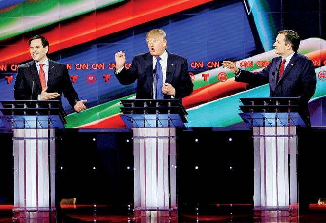 Republican presidential candidates, Marco Rubio, Donald Trump and Ted Cruz speak at the debate. Pic/AP