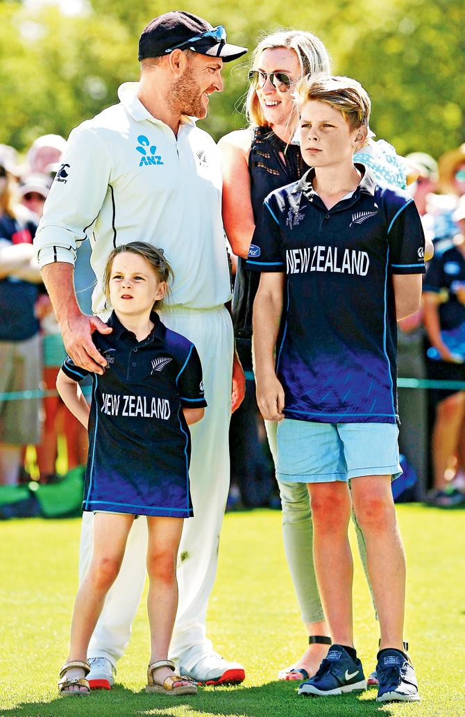 Retired New Zealand skipper Brendon McCullum with his wife Ellissa  and children in Christchurch yesterday. Pic/Getty Images