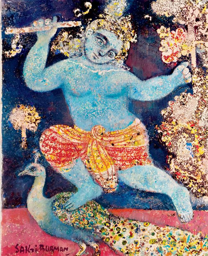 Blue Krishna Dancing On Peacock, oil on canvas, 2014 