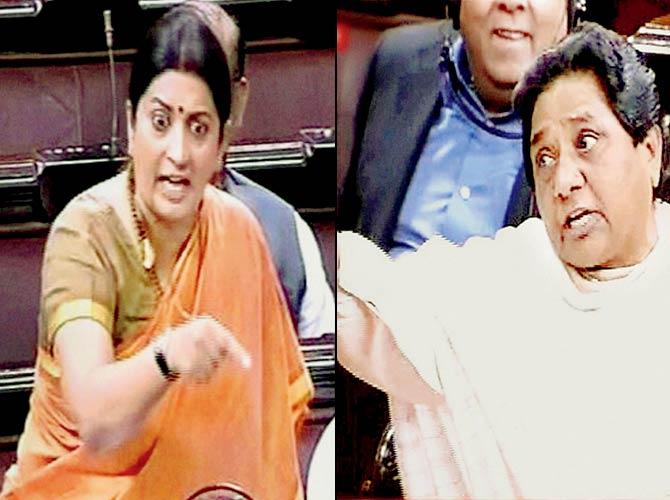 Quoting Smriti Irani’s (left) statement from two days ago, Mayawati (right) asked, “Since we are not convinced by the government’s clarification, will she (Irani) do that (chop off her head).” Pics/PTI
