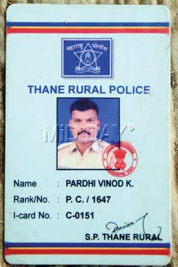 The ID card of Constable Vinod Pardhi. His body was found in the Panju area near Vasai beach. Police say he might have committed suicide