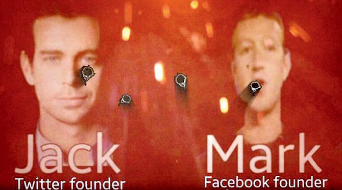 Pictures of Zuckerberg and Dorsey can be seen being blasted with a hail of bullets in the amateur footage. Pic/YouTube