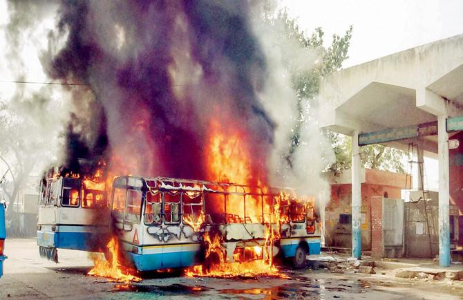 Pro-quota protestors set buses on fire in Sonepat.
