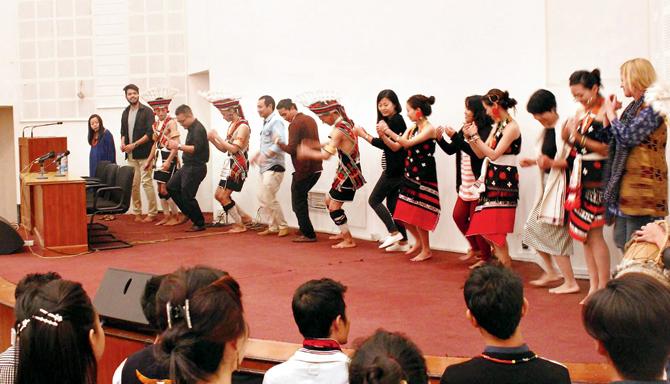 Naga dancers get the crowd in the mood at the book launch of Easterine Kire’s Dancing Village, in Delhi. Kire (third from right) won an award for her literary work recently.