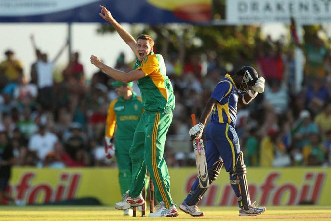Morne Morkel of South Africa celebrates the wicket of Angelo Mathews of Sri Lanka as he departs