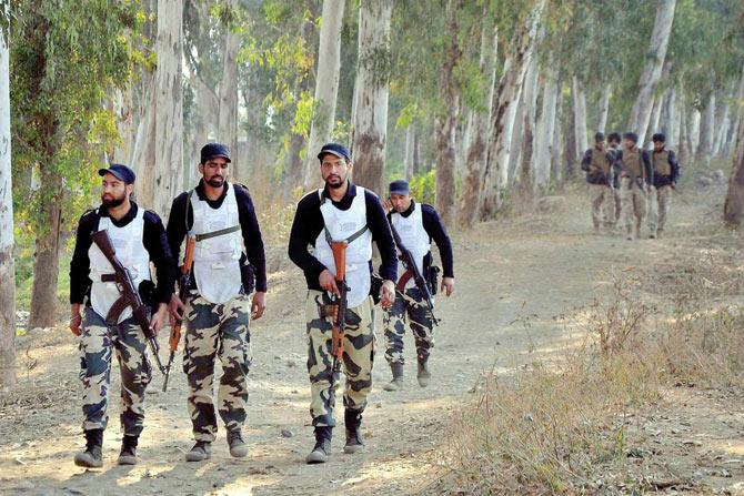 A SWAT team during an encounter between the security forces and terrorists at the Indian Air Force base in Pathankot on Saturday. PIC/PTI 