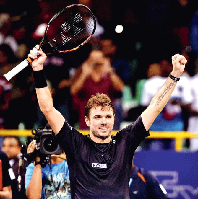 Stanislas Wawrinka celebrates after defeating Borna Coric in the ATP Chennai Open final yesterday. Pic/PTI