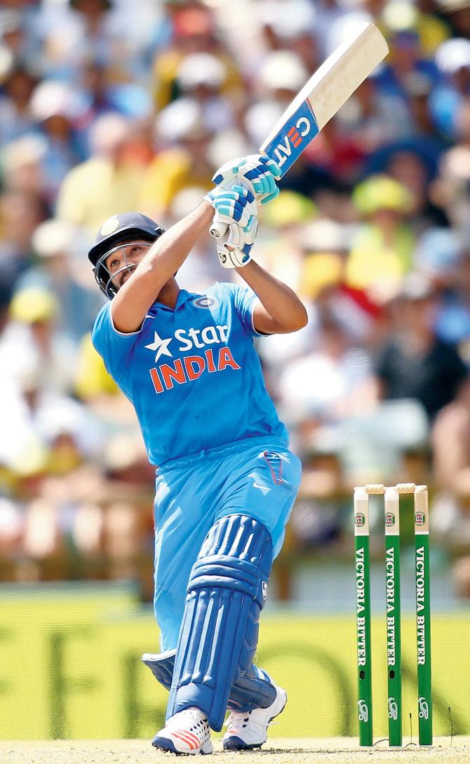 India opener Rohit Sharma hits a six during the opening ODI against Australia in Perth on Tuesday