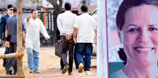 Congress Vice President Rahul Gandhi arrives to address a workers’ meet at Malad yesterday. The Congress leader arrived more or less on time, but had to wait while other leaders gave their speeches