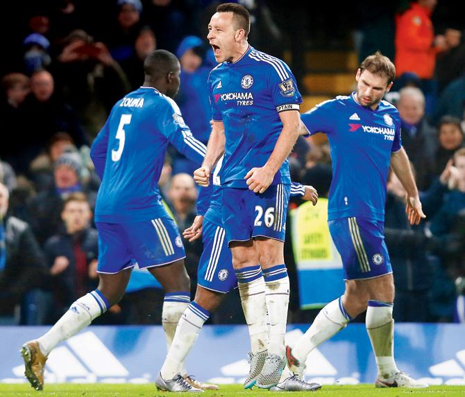 Chelsea skipper John Terry celebrates scoring the equaliser against Everton on Saturday. Pic/Getty Images