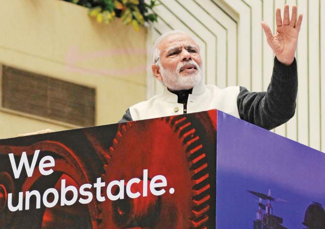 Prime Minister Narendra Modi at the Start-up India Campaign in New Delhi over the weekend. Modi outlined a slew of measures under Start Up India including exempting startups from income tax for their first three years. AFP Photo/STR