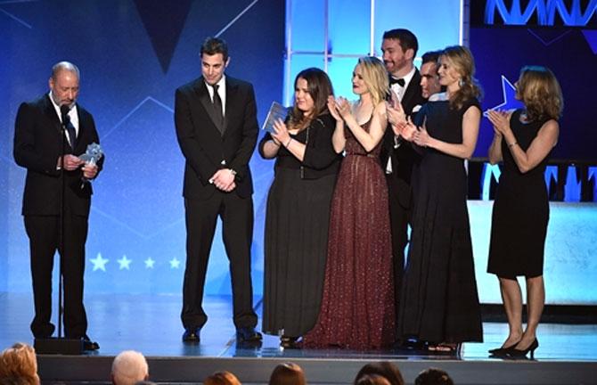 Producer Steve Golin, screenwriter Josh Singer, producer Nicole Rocklin, actress Rachel McAdams, producers Michael Sugar and Blye Pagon Faust accept the Best Picture award for -Spotlight- onstage during the 21st Annual Critics- Choice Awards at Barker Hangar. Pic/AFP