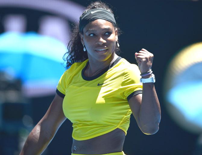Serena Williams of the US celebrates after victory in her women