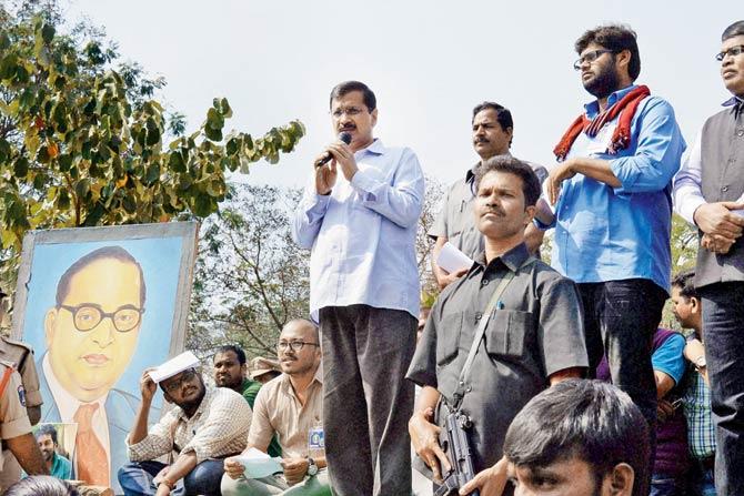 Playing politics? Delhi CM Arvind Kejriwal addresses protesting students at HCU yesterday. PIC/PTI