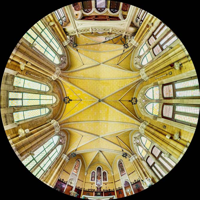 The ceiling of the chapel at St Xavier’s College. The dome of this college features in the exhibition,  Look Up Mumbai