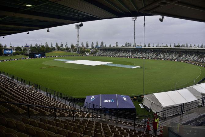 Rain falls on McLean Park delaying the start of the second one-day international cricket match between New Zealand and Pakistan in Napier. Pic/AFP