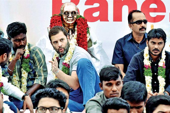 Congress vice-president Rahul Gandhi with students at the University of Hyderabad during a protest over Rohith Vemula’s death in Hyderabad. pic/PTI