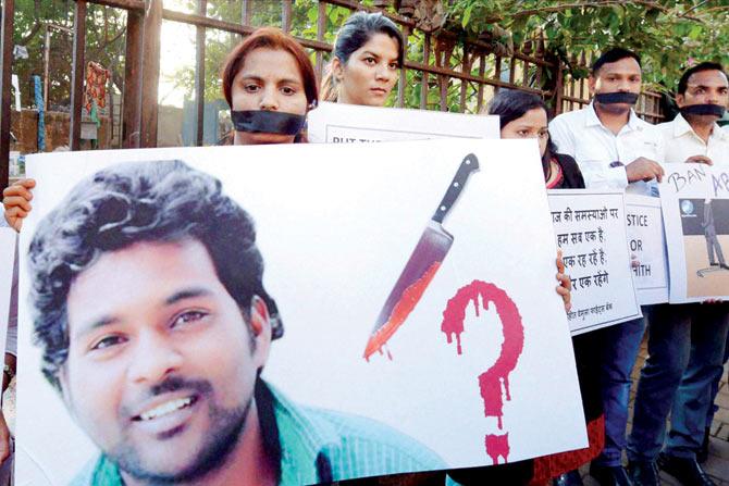 A protest rally against the death of Dalit student Rohit Vemula