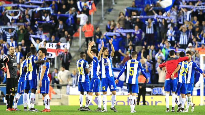 RCD Espanyol players celebrate the final result, a 0-0 draw at the end of the Spanish league football match RCD Espanyol vs FC Barcelona at the Power8 stadium in Cornella de Llobregat. Pic/AFP