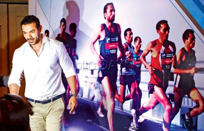 John Abraham during the launch of the Mumbai Marathon at a Nariman Point hotel yesterday. Pic/Bipin Kokate