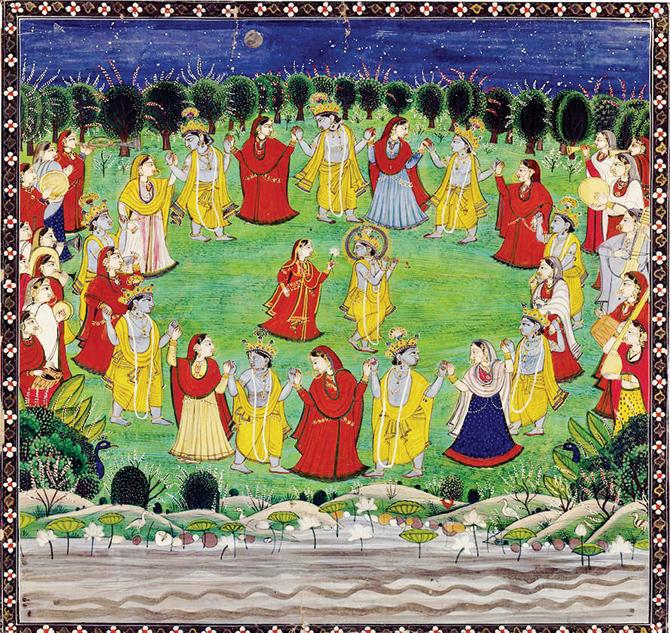 A miniature from Rajasthan depicting raas leela where Krishna shows his divine self