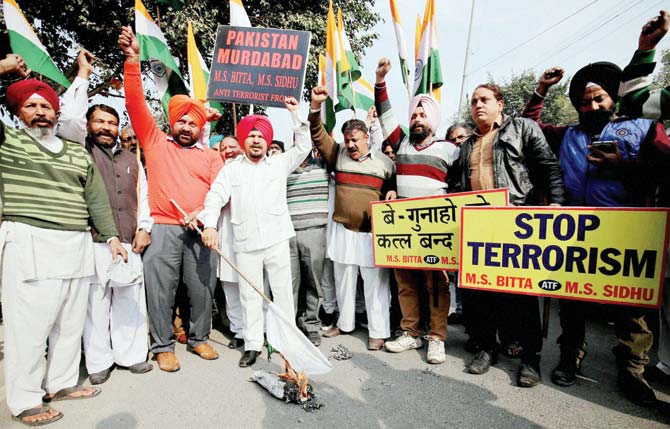 Members of the Anti Terrorist Front (AIATF) protest in Amritsar on Sunday against  the militant attack at Pathankot Air Force base. Pic/PTI