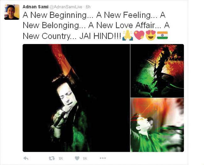 A screen grab of Adnan Sami’s tweet after being granted Indian citizenship