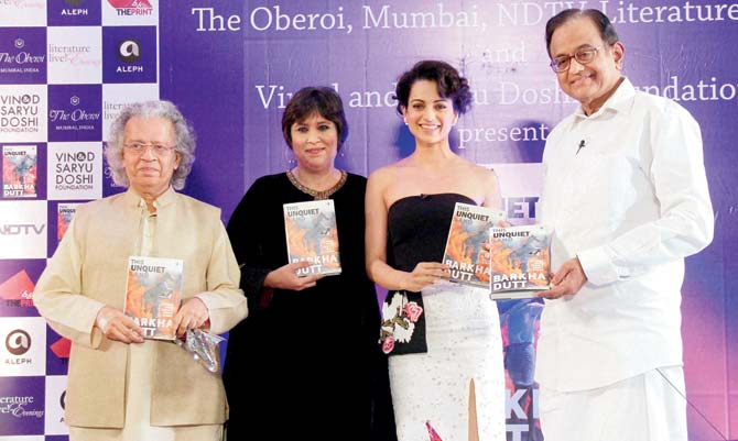 Anil Dharkar, Kangna Ranaut and P Chidambaram at the launch of Barkha Dutt’s book. Pic/PTI