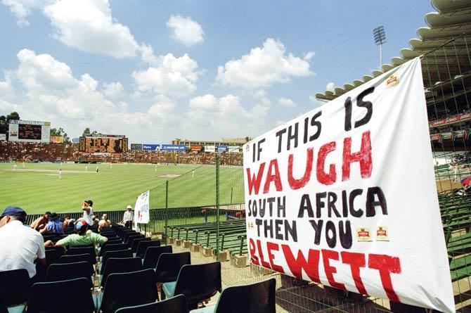 The names of Australian cricketers provided much fodder for banners like this one from the 1997 Australia- South Africa Test in Johannesburg. Pic/Getty Images