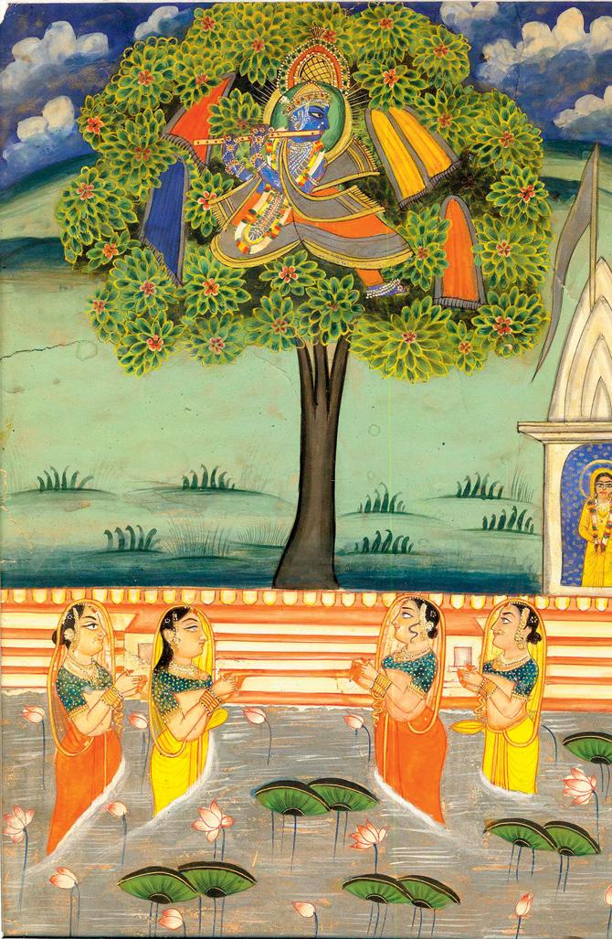 An 18th century Kota miniature is part of the Bhagvat Goshti exhibition at Krishna Gallery at Chhatrapati Shivaji Maharaj Vastu Sangrahalaya. The painting depicts the scene when Krishna, in his playfulness, steals the clothes of bathing gopis milkmaids of Vrindavan