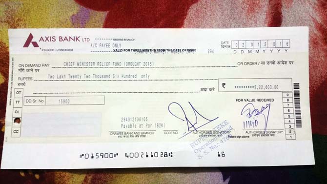 The cheque DMER issued to the Chief Minister’s Relief Fund