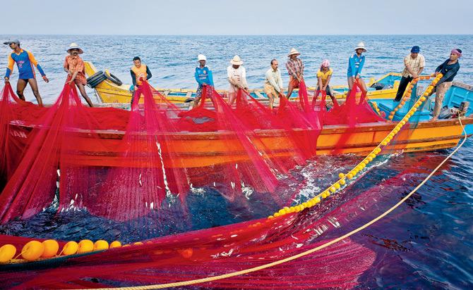 Fishermen casting a net at Kannur, Kerala.  Pic courtesy/Cox and Kings
