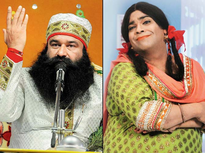 Comedian Kiku Sharda, best known for his cross-dress act as single-girl-looking-for-a groom, Palak, was arrested yesterday in Haryana for mimicking religious guru Gurmeet Ram Rahim Singh (left)