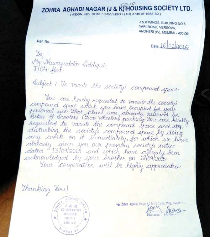 Notice issued to Nawazuddin Siddiqui on January 16, asking him to stop using the common parking area as his personal parking slot
