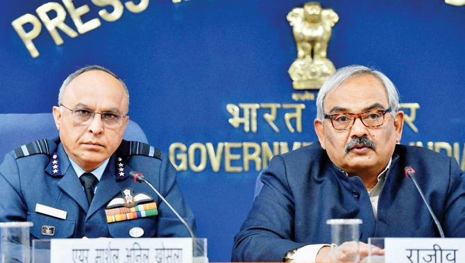 Home Secretary Rajiv Mehrishi (right) and Air Marshal Anil Khosla, (left) Director General Air Operations during  a press conference in New Delhi yesterday. PICS/PTI