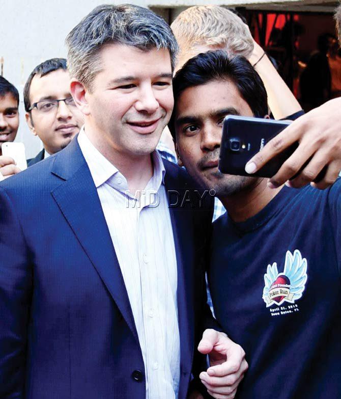Kalanick posed for selfies with IIT-B students after being interviewed by Ronnie Screwvala yesterday. Pic/Sameer Markande