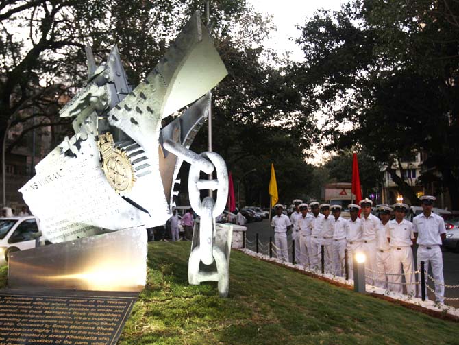 The newly unveiled Vikrant Memorial which is located on a traffic island at K Subash Marg, opposite Lion Gate, Naval Dockyard.