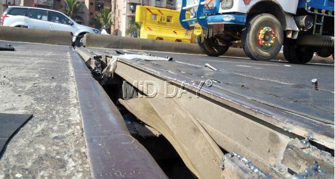 The gap between the expansion joints of the flyover has developed into a hazard for two and three wheeler riders using the flyover on a daily basis. Pic/Nimesh Dave