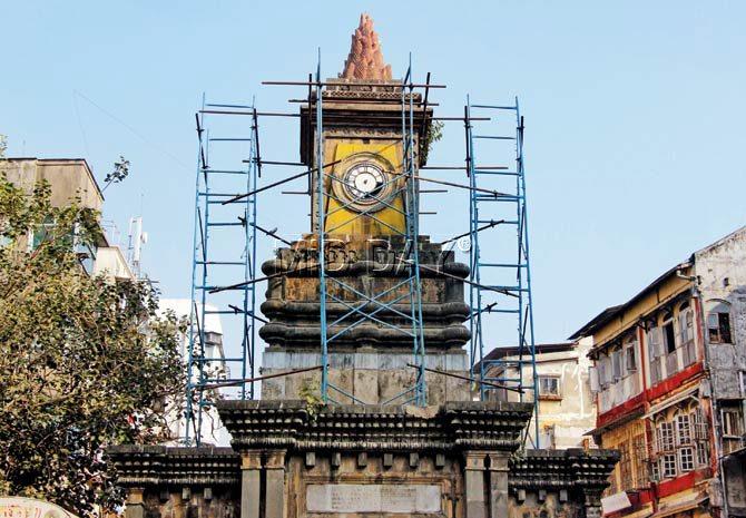 The 1882 built Bomanjee Hormusjee Wadia clock tower’s restoration will kick off next month. Pics/Onkar Devlekar