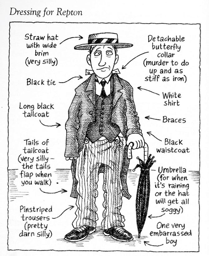 A sketch from the book depicting Dahl’s school uniform