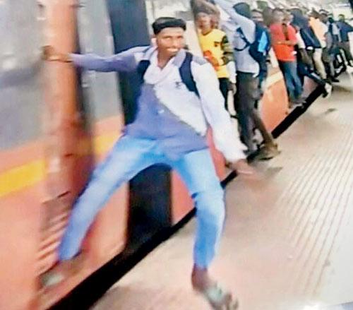 CCTV grabs show some popular stunts attempted by commuters, including hanging outside the coach, and running with a moving train.