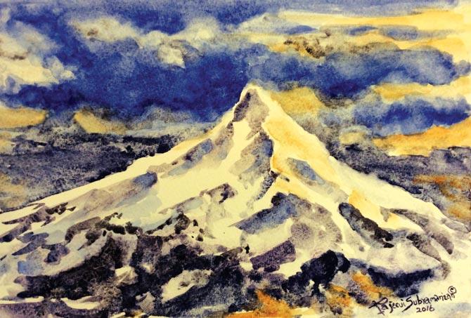 Mount Hood by Aquarelles de Mas Blue (Rajeevi Subramanian). Except white, all pigments used are from the YInMn Blue family