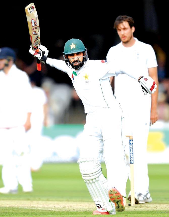 Pakistan skipper Misbah-ul-Haq celebrates his century against England at Lord