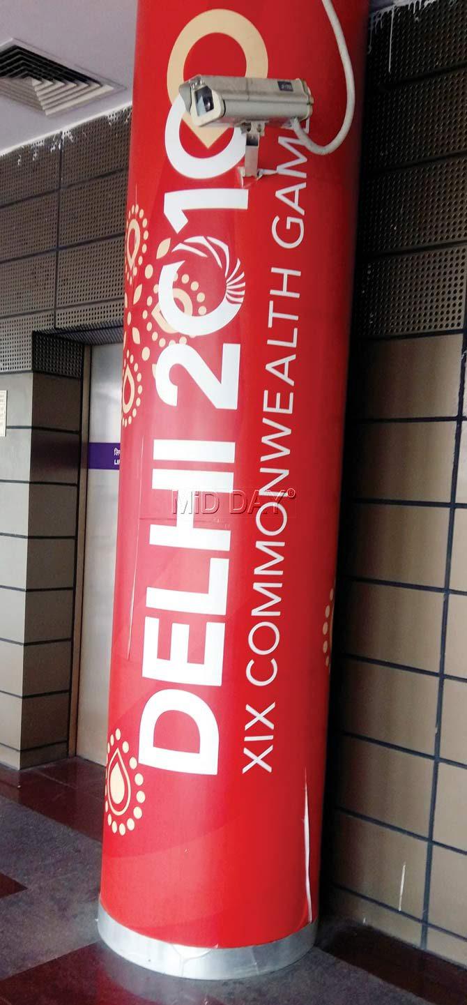 One of the pillars at the Thyagaraj Sports Complex is covered by a 2010 CWG sticker yesterday. Pic/Ashwin Ferro 